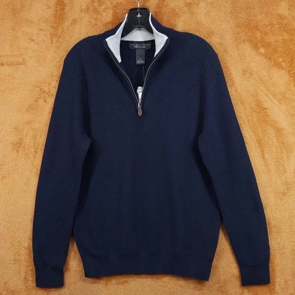 BLOOMINGDALES Sweater Mens Small Navy Quarter Zip Pullover 100% Cotton $118